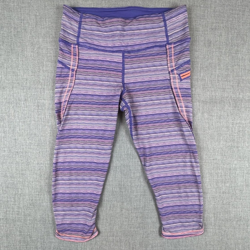 Lululemon Capri Leggings Womens 6 Purple Stripe Pockets Yoga Running Athletic